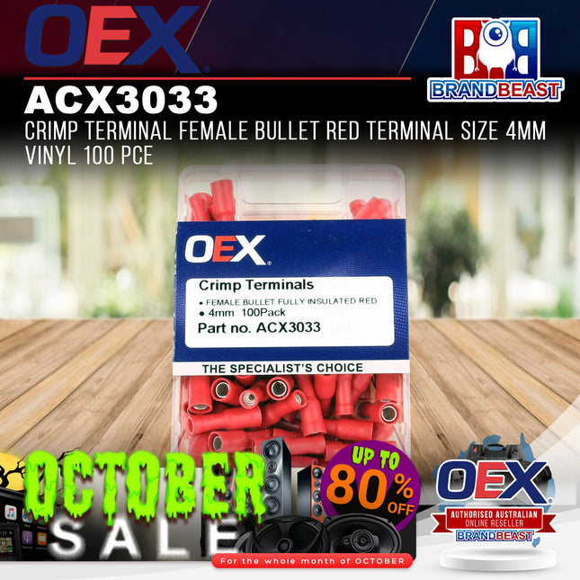 OEX ACX3033 Crimp Terminal Female Bullet Red Terminal Size 4mm Vinyl 100 Pce