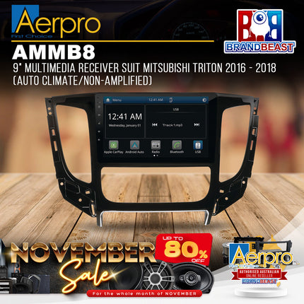 Aerpro AMMB8 9" Multimedia Receiver Suit Mitsubishi Triton 2016 - 2018