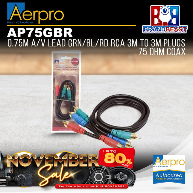 Aerpro AP75GBR .75M A/V Lead Green/Blue/Red RCA 3m to 3m Plugs 75 Ohm Coax