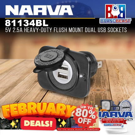 Narva 81134BL 5V 2.5A Heavy-Duty Flush Mount Dual USB Sockets