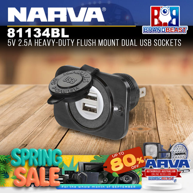 Narva 81134BL 5V 2.5A Heavy-Duty Flush Mount Dual USB Sockets
