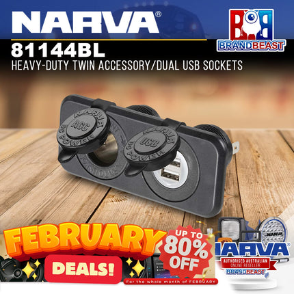 Narva 81144BL 12-24V Heavy-Duty Twin Accessory/Dual USB Sockets