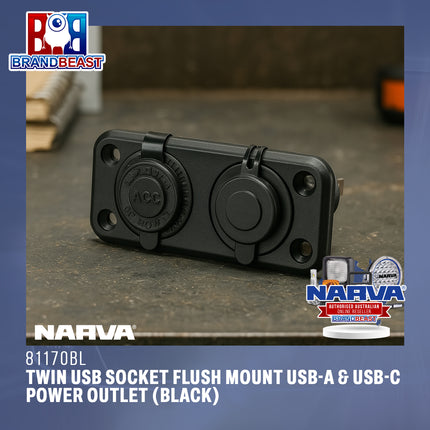 Narva 81170BL Twin USB Socket – Flush Mount USB-A & USB-C Power Outlet (Black)