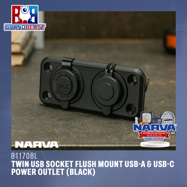 Narva 81170BL Twin USB Socket – Flush Mount USB-A & USB-C Power Outlet (Black)