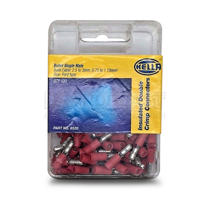 Hella 8520 Crimp Terminal Male Bullet Red Terminal Entry 3mm Vinyl 100 Pce