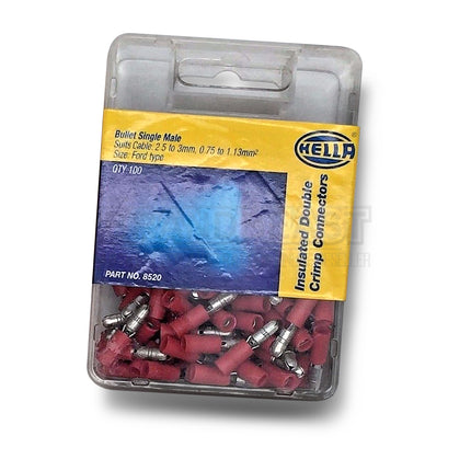 Hella 8520 Crimp Terminal Male Bullet Red Terminal Entry 3mm Vinyl 100 Pce