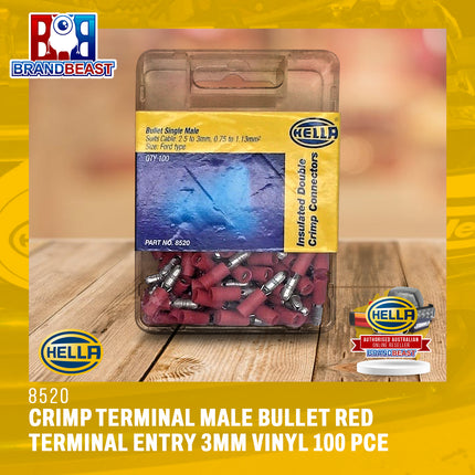 Hella 8520 Crimp Terminal Male Bullet Red Terminal Entry 3mm Vinyl 100 Pce
