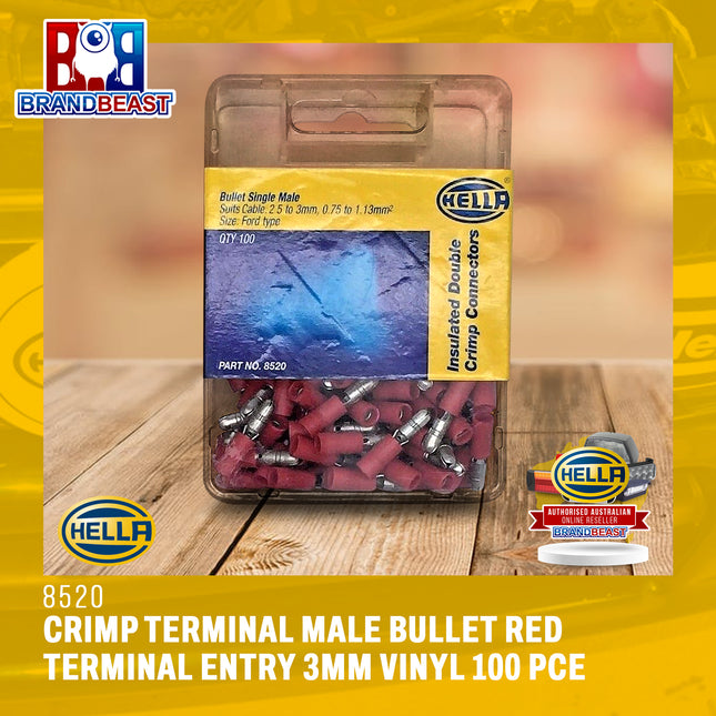 Hella 8520 Crimp Terminal Male Bullet Red Terminal Entry 3mm Vinyl 100 Pce