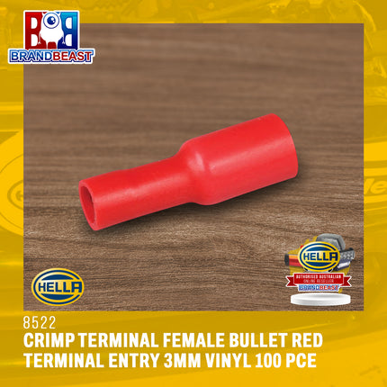 Hella 8522 Crimp Terminal Female Bullet Red Terminal Entry 3mm Vinyl 100 Pce