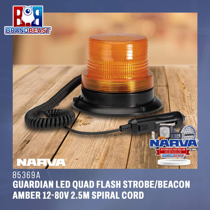 Narva 85369A Guardian LED Quad Flash Strobe/Beacon Amber 12-80V 2.5m Spiral Cord