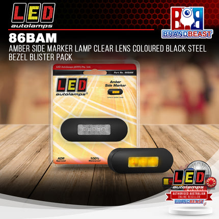 LED Autolamps 86BAM Amber Side Marker Lamp Clear Lens Coloured Black Steel Bezel Blister Pack