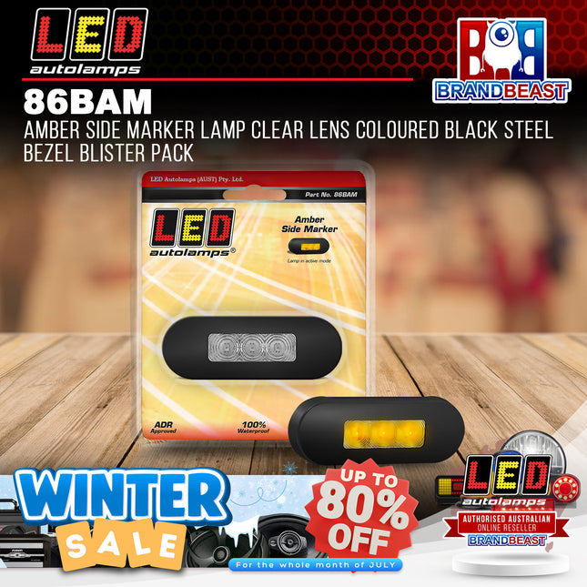 LED Autolamps 86BAM Amber Side Marker Lamp Clear Lens Coloured Black Steel Bezel Blister Pack