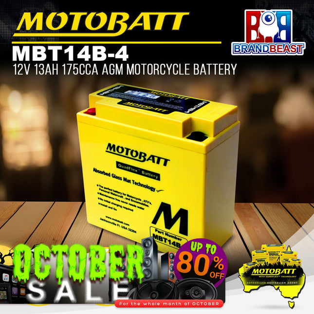 Motobatt MBT14B-4 12V 13Ah 175CCA AGM Motorcycle Battery For Quadflex Technology