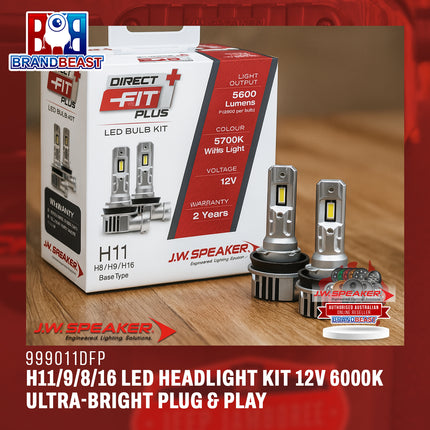 JW Speaker 999011DFP H11/9/8/16 LED Headlight Kit Direct Fit Plus 12V 6000K – Ultra-Bright, Plug & Play, Road-Legal Upgrade