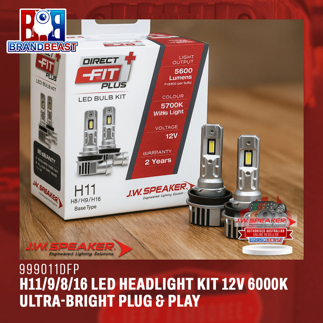 JW Speaker 999011DFP H11/9/8/16 LED Headlight Kit Direct Fit Plus 12V 6000K – Ultra-Bright, Plug & Play, Road-Legal Upgrade