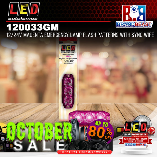 LED Autolamps 120033MGM 12/24V Magenta Emergency Lamp Flash Patterns Sync Wire