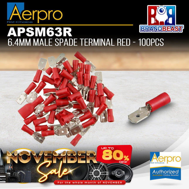Aerpro APSM63R 6.4mm Male Spade Terminal Red - 100pcs