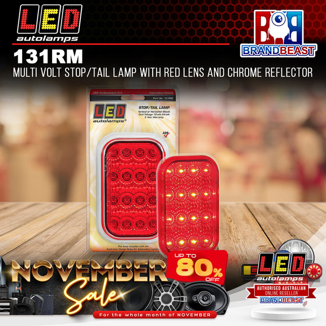 LED Autolamps 131RM Multi Volt Stop/Tail Lamp with Red Lens and Chrome Reflector