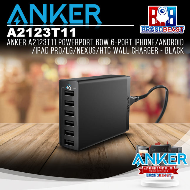 Anker A2123T11 PowerPort 60W 6-Port iPhone/Android/iPad Pro Wall Charger - Black