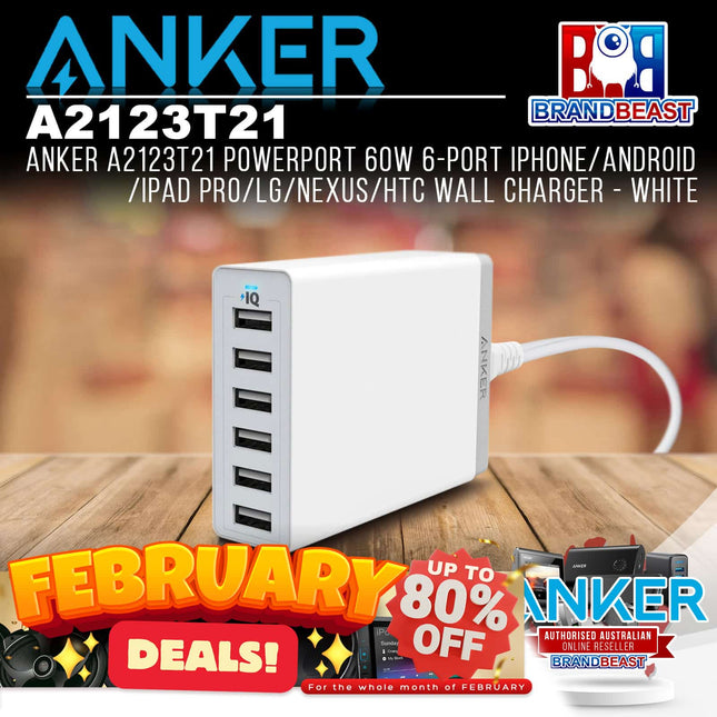 Anker A2123T21 PowerPort 60W 6-Port iPhone/Android/iPad Pro Wall Charger - White