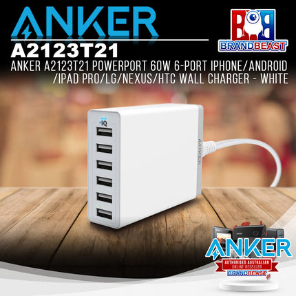 Anker A2123T21 PowerPort 60W 6-Port iPhone/Android/iPad Pro Wall Charger - White