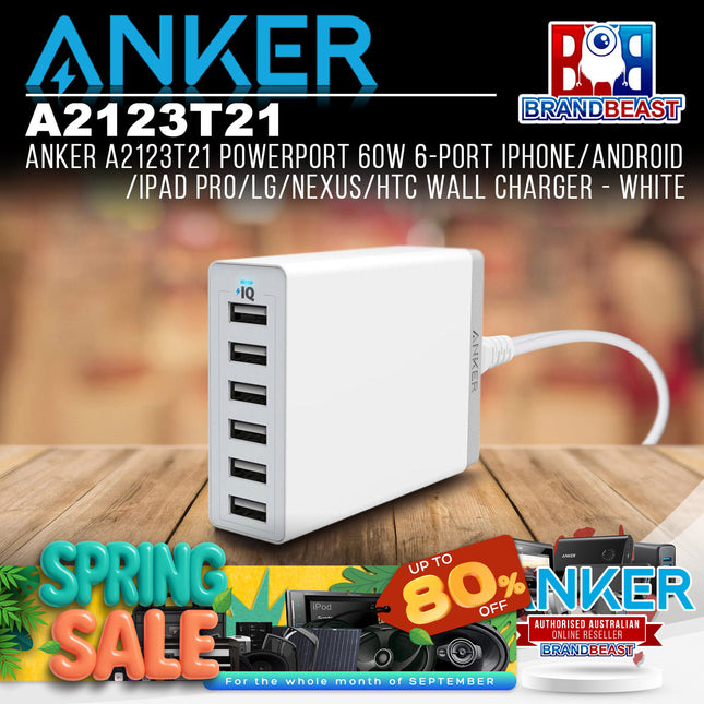 Anker A2123T21 PowerPort 60W 6-Port iPhone/Android/iPad Pro Wall Charger - White
