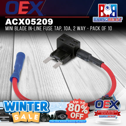 OEX ACX05209 Mini Blade In-line Fuse Tap 10A 2 Way - Pack of 10