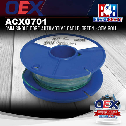 OEX ACX0701 3mm Single Core Automotive Cable, Green - 30m Roll