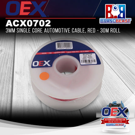 OEX ACX0702 3mm Single Core Automotive Cable, Red - 30m Roll