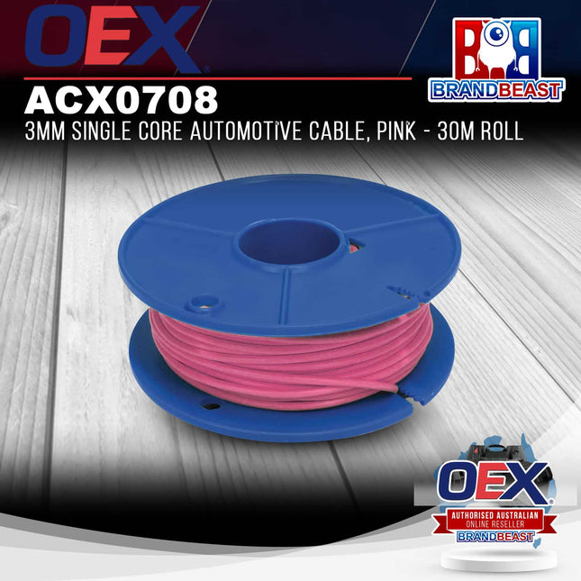 OEX ACX0708 3mm Single Core Automotive Cable, Pink - 30m Roll