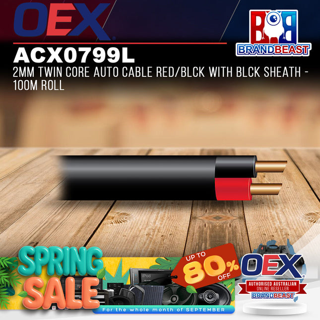 OEX ACX0799L 2mm Twin Core Auto Cable Red/Blck With Blck Sheath - 100m Roll