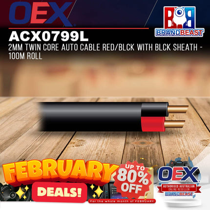 OEX ACX0799L 2mm Twin Core Auto Cable Red/Blck With Blck Sheath - 100m Roll