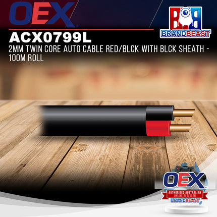OEX ACX0799L 2mm Twin Core Auto Cable Red/Blck With Blck Sheath - 100m Roll