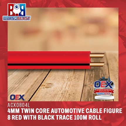 OEX ACX0804L 4mm Twin Core Automotive Cable, Figure 8, Red With Black Trace - 100m Roll