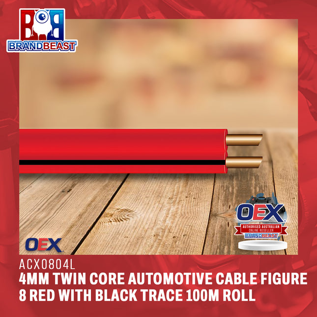 OEX ACX0804L 4mm Twin Core Automotive Cable, Figure 8, Red With Black Trace - 100m Roll