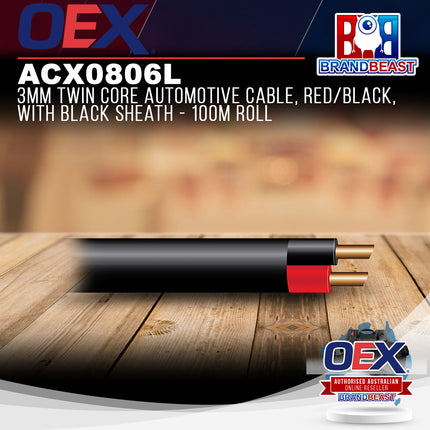 OEX ACX0806L 3mm Twin Core Automotive Cable, Red/Black, With Black Sheath - 100m