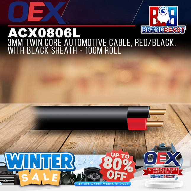 OEX ACX0806L 3mm Twin Core Automotive Cable, Red/Black, With Black Sheath - 100m