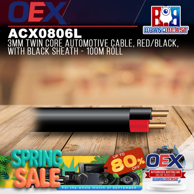 OEX ACX0806L 3mm Twin Core Automotive Cable, Red/Black, With Black Sheath - 100m