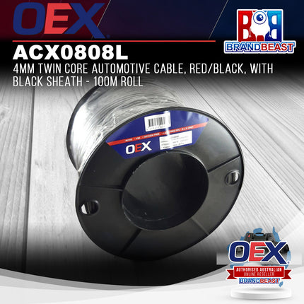 OEX ACX0808L 4mm Twin Core Automotive Cable, Red/Black, Black Sheath 100m Roll