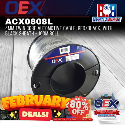 OEX ACX0808L 4mm Twin Core Automotive Cable, Red/Black, Black Sheath 100m Roll