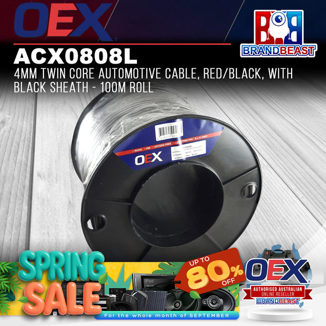 OEX ACX0808L 4mm Twin Core Automotive Cable, Red/Black, Black Sheath 100m Roll