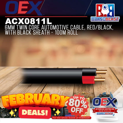 OEX ACX0811L 6mm Twin Core Automotive Cable, Red/Black, With Black Sheath - 100m