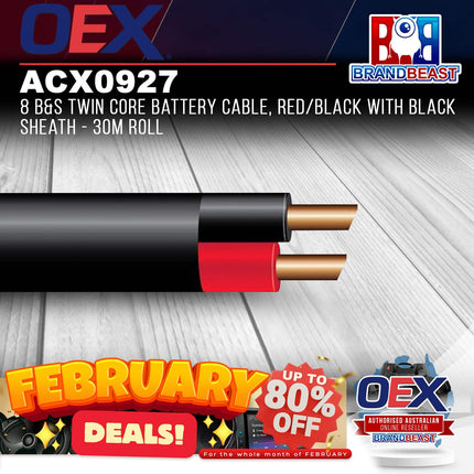 OEX ACX0927 8 B&S Twin Core Battery Cable Red/Black With Black Sheath - 30m Rol