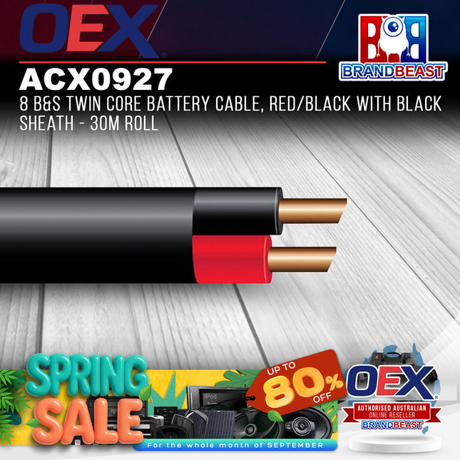 OEX ACX0927 8 B&S Twin Core Battery Cable Red/Black With Black Sheath - 30m Rol
