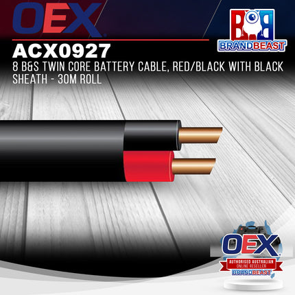 OEX ACX0927 8 B&S Twin Core Battery Cable Red/Black With Black Sheath - 30m Rol
