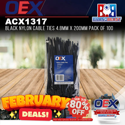 OEX ACX1317 Black Nylon Cable Ties 4.8mm x 200mm Pack of 100