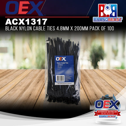 OEX ACX1317 Black Nylon Cable Ties 4.8mm x 200mm Pack of 100