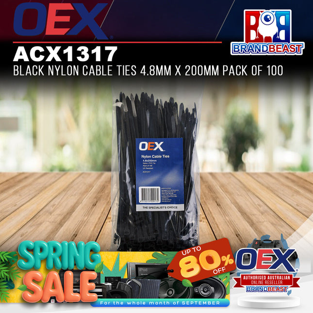 OEX ACX1317 Black Nylon Cable Ties 4.8mm x 200mm Pack of 100