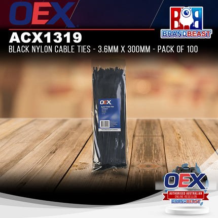OEX ACX1319 Black Nylon Cable Ties - 3.6mm x 300mm - Pack of 100