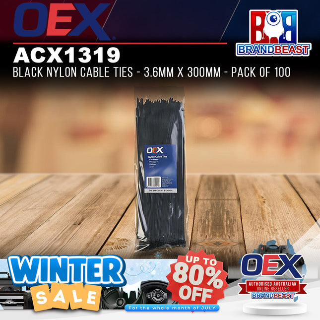 OEX ACX1319 Black Nylon Cable Ties - 3.6mm x 300mm - Pack of 100